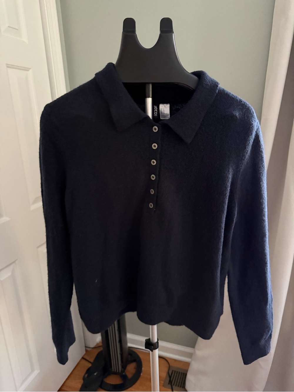 H&M Soft Fuzzy Knit Polo Sweater XL‎ Navy Cozy Long Sleeve